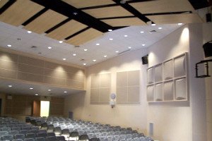 Hall with rows of seating, flat rectangular panels fixed to the side walls and dark beams across the ceiling.