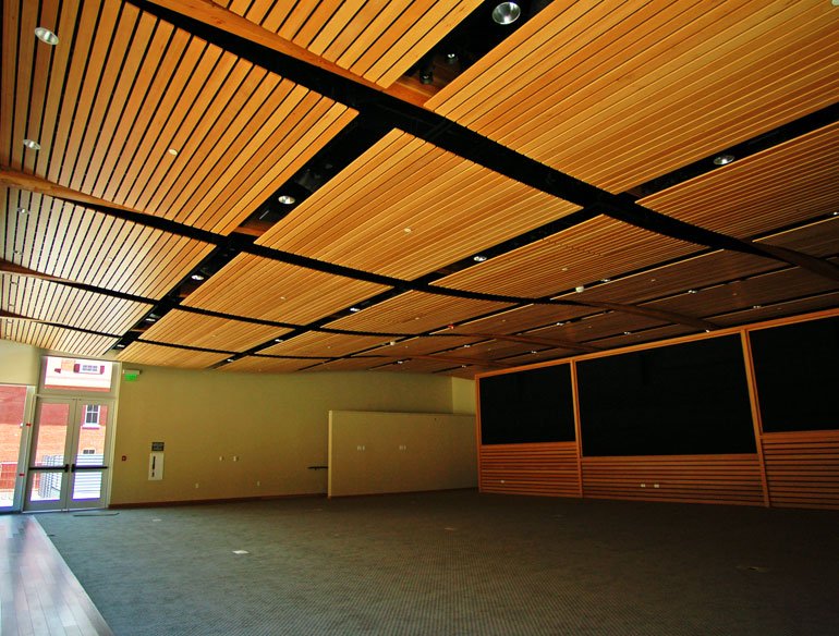 Timber slatted ceiling panels set in a dark grid, with matching timber panelling on the wall below.