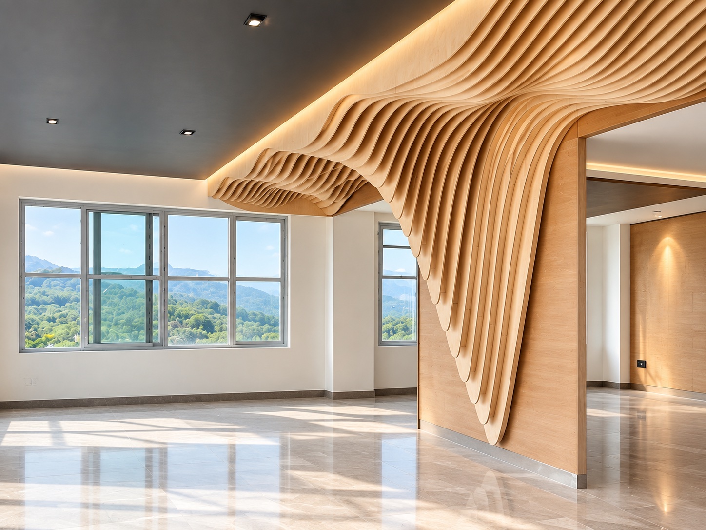 A layered timber fin ceiling curving down onto a wall, lit from within, in an empty room with windows onto wooded hills.
