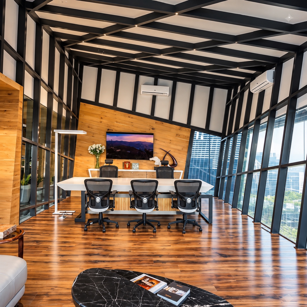 The same office finished: timber-clad feature wall, white acoustic panels set between the black steel ceiling frame, a meeting table and chairs on a wooden floor, full-height glazing.