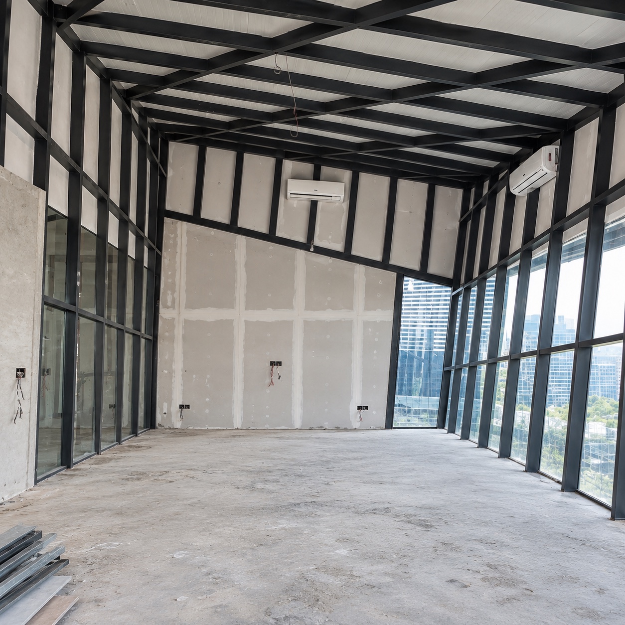 A bare office shell under construction: exposed black steel framing across the ceiling and glazed walls, boarded partitions and an unfinished concrete floor with materials stacked in the corner.
