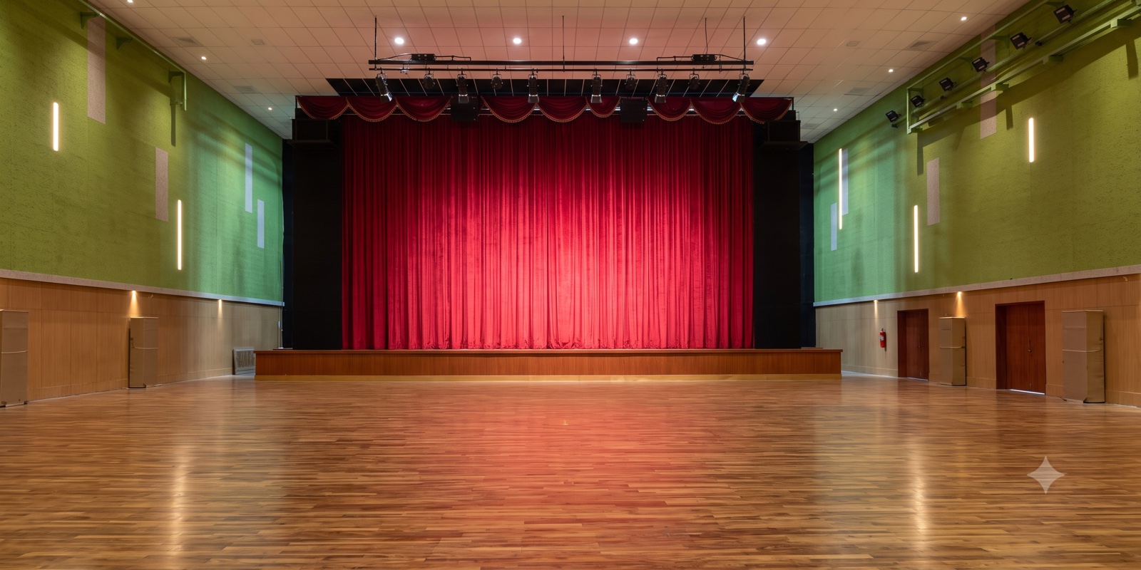 An auditorium from the floor: stage with a red curtain, a lighting bar above it, and absorption panels running along the side walls.