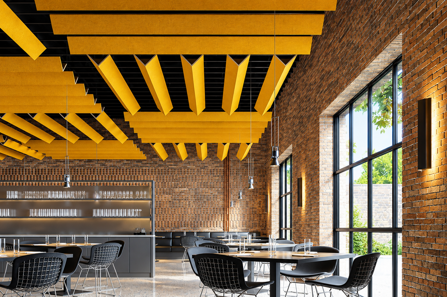 Café seating under amber acoustic baffles