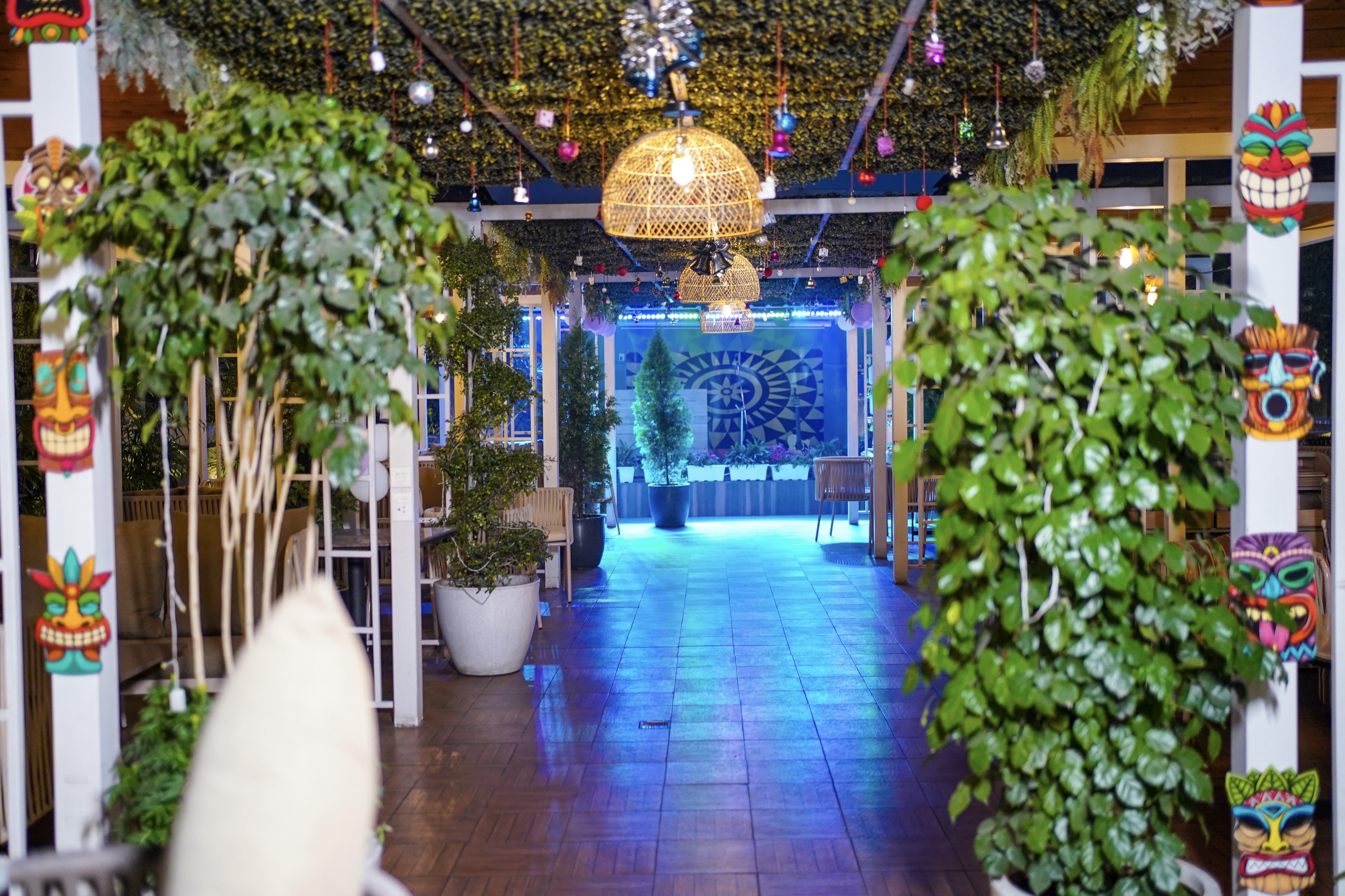 A terrace bar with hanging foliage and woven pendant lamps, and a blue and purple wash of light across the dance floor.