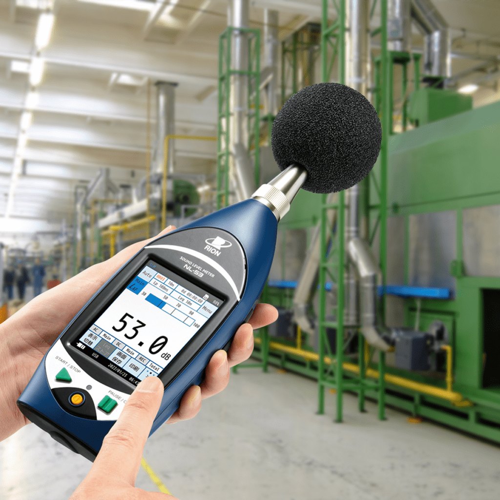 A Rion handheld sound level meter reading 53.0 dB, held up in a factory hall with green steel frames and ducting.